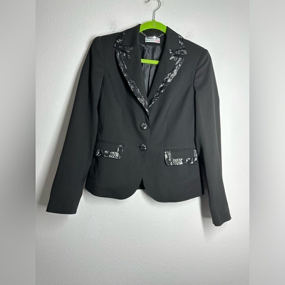 Manuela Riva Black Blazer Lined Lace Trim Made In Italy Size 44 IT / M US EUC